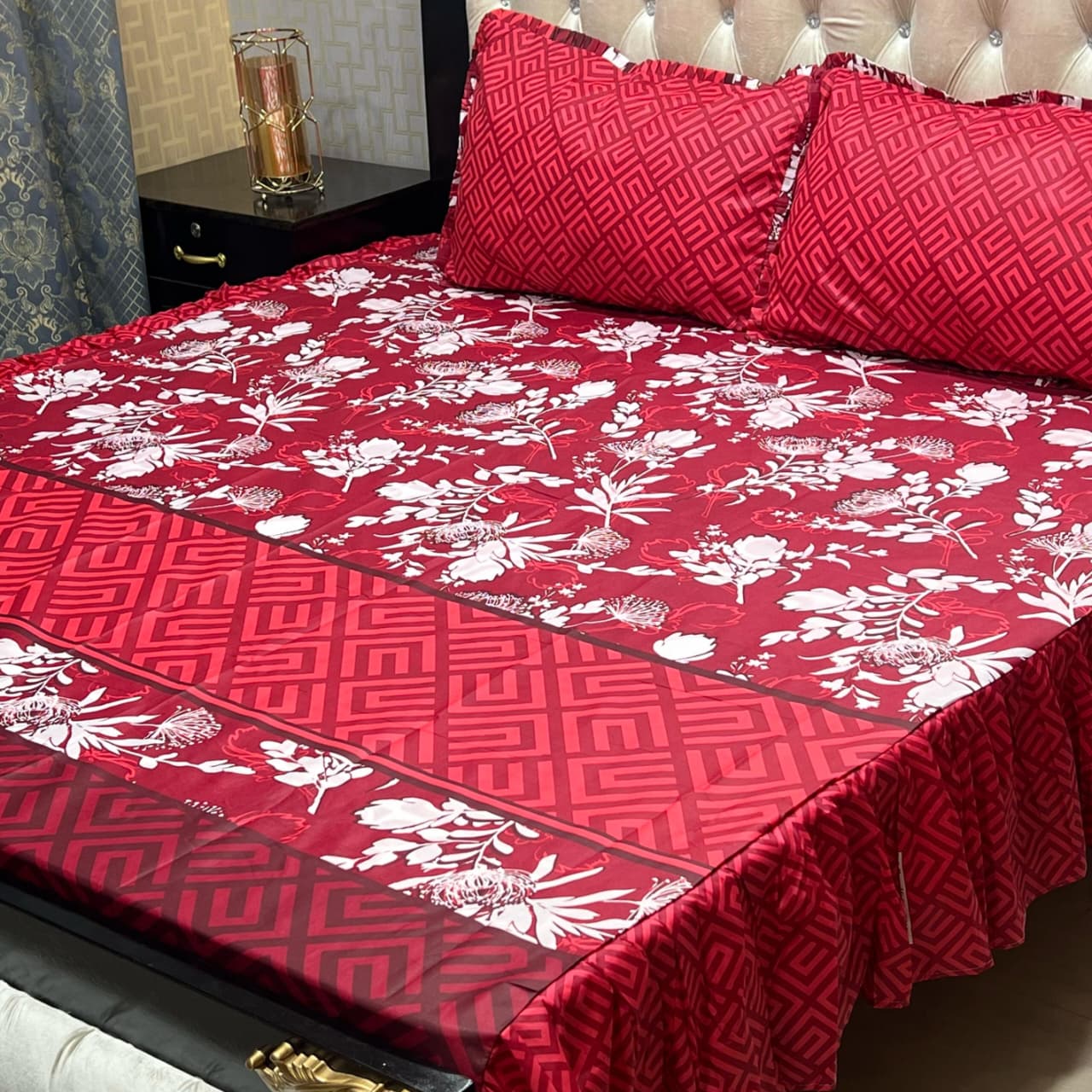3 Piece Stitched Double Frill King Size Bedsheet Set – High Cotton Sylonica Fabric