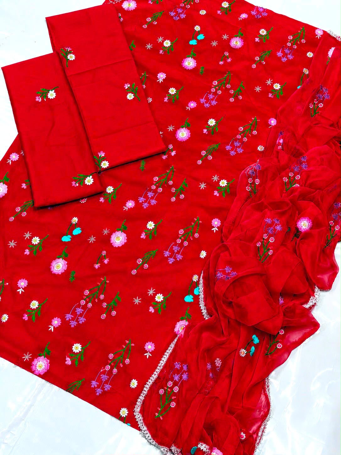 Red Batik Lawn 3-Piece Unstitched Suit with Bamber Embroidered Dupatta | Premium Batik Wear