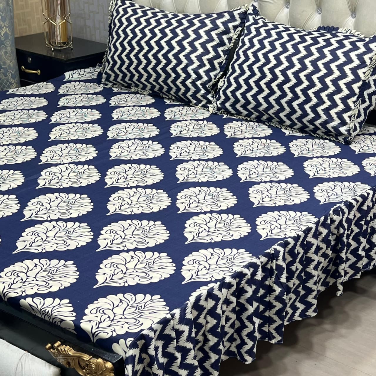 3 Piece Stitched Double Frill King Size Bedsheet Set – High Cotton Sylonica Fabric