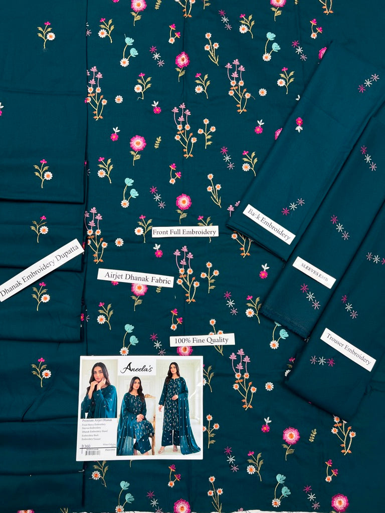 Aneela's Winter Collection: Deep Teal Floral Embroidered Airjet Dhanak Unstitched Suit