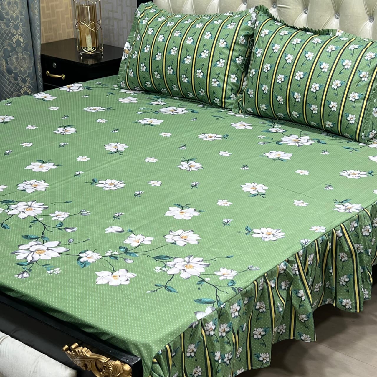 3 Piece Stitched Double Frill King Size Bedsheet Set – High Cotton Sylonica Fabric