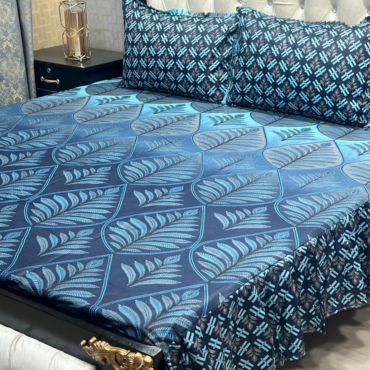 3 Piece Stitched Double Frill King Size Bedsheet Set – High Cotton Sylonica Fabric