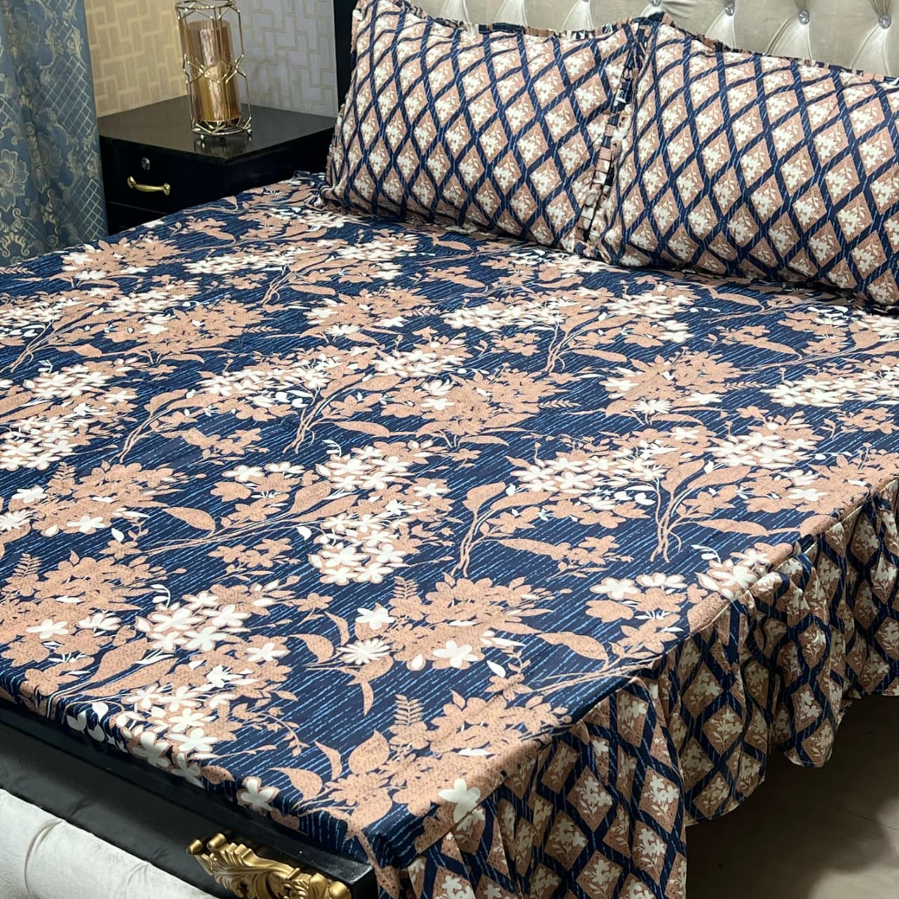 3 Piece Stitched Double Frill King Size Bedsheet Set – High Cotton Sylonica Fabric
