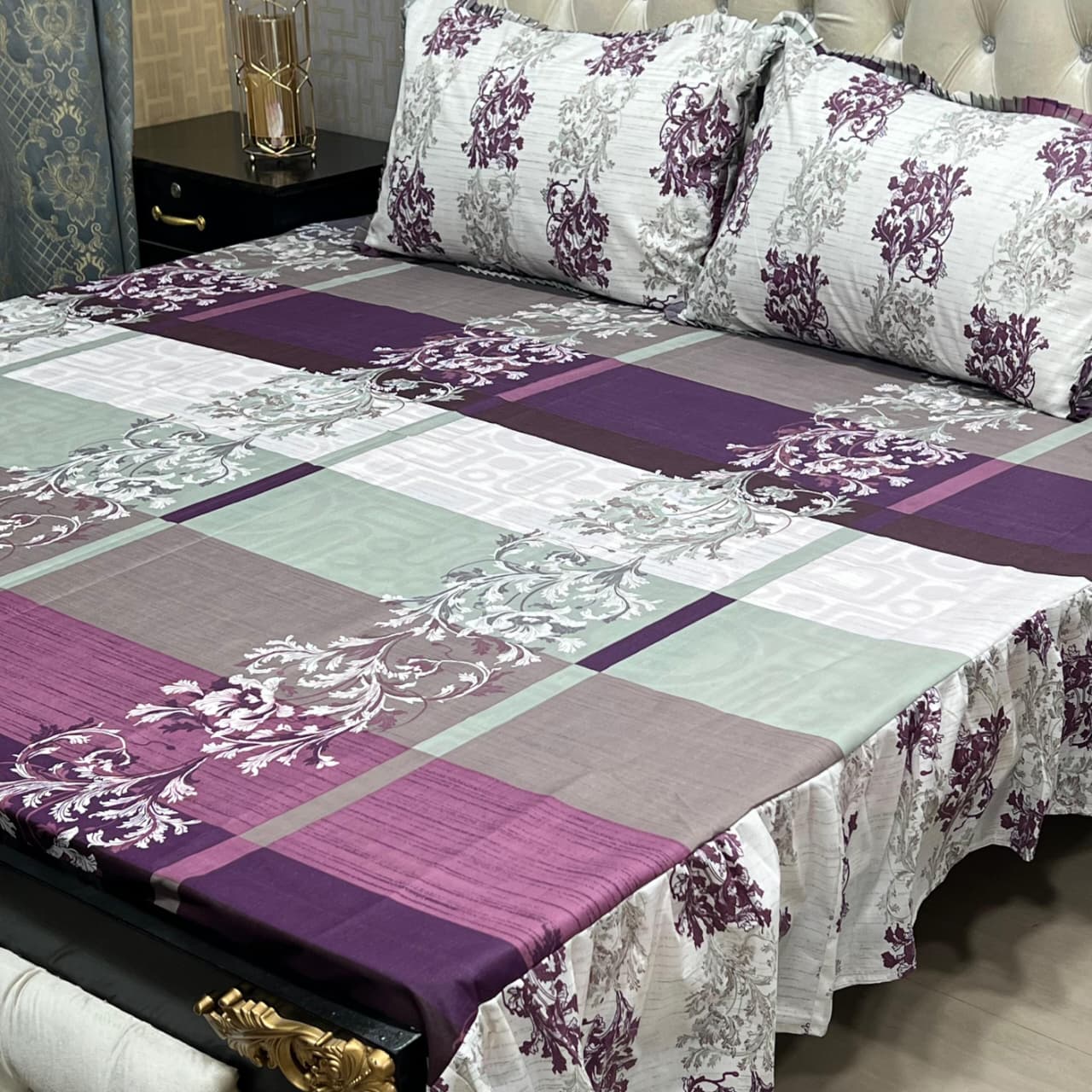 3 Piece Stitched Double Frill King Size Bedsheet Set – High Cotton Sylonica Fabric