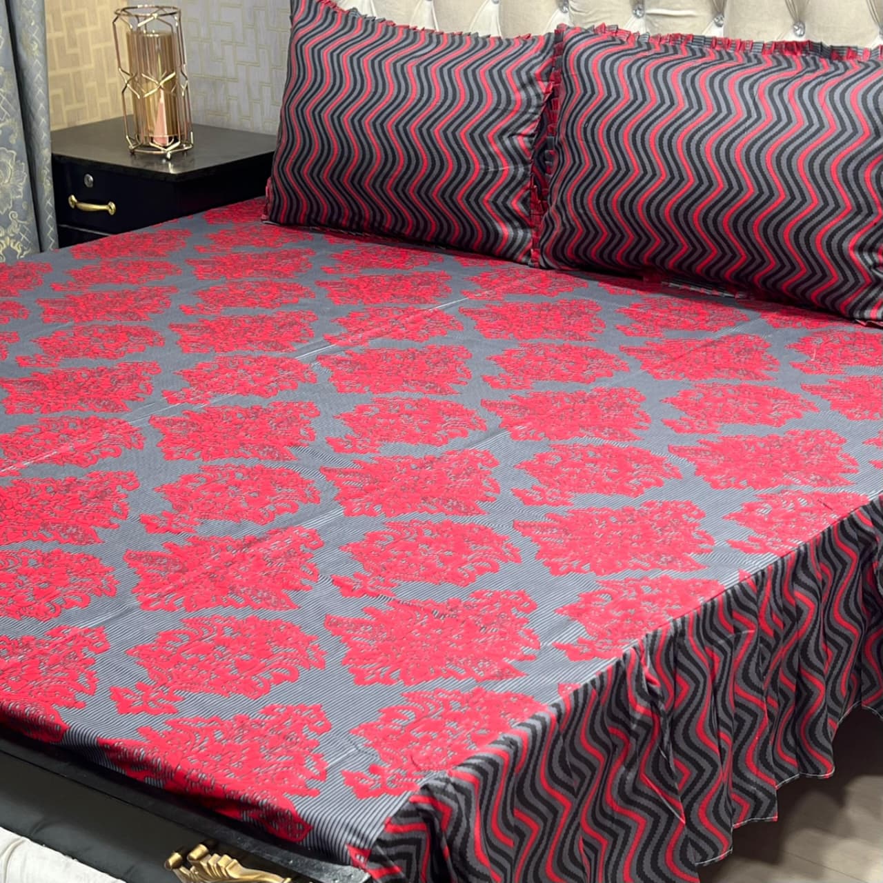 3 Piece Stitched Double Frill King Size Bedsheet Set – High Cotton Sylonica Fabric