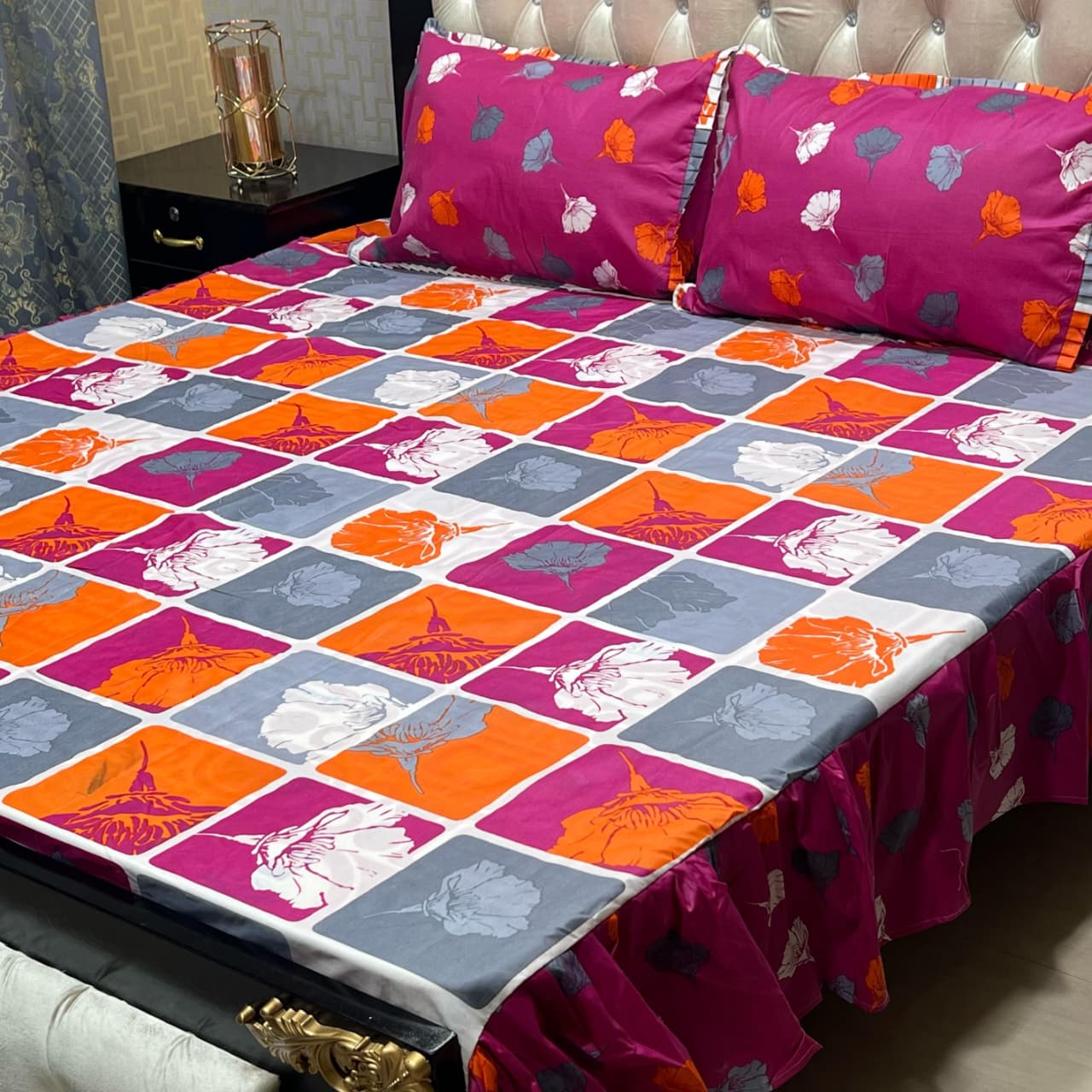 3 Piece Stitched Double Frill King Size Bedsheet Set – High Cotton Sylonica Fabric