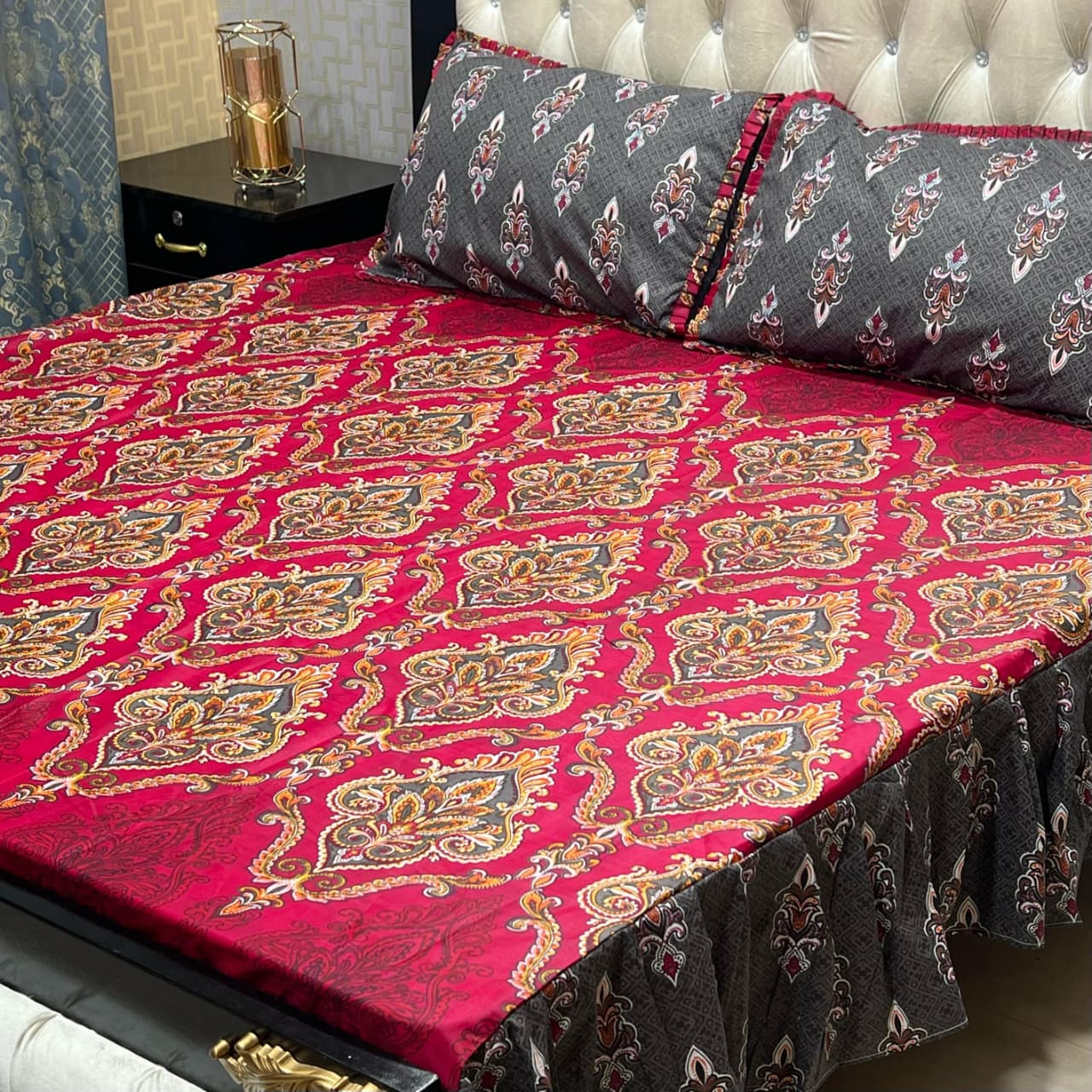 3 Piece Stitched Double Frill King Size Bedsheet Set – High Cotton Sylonica Fabric