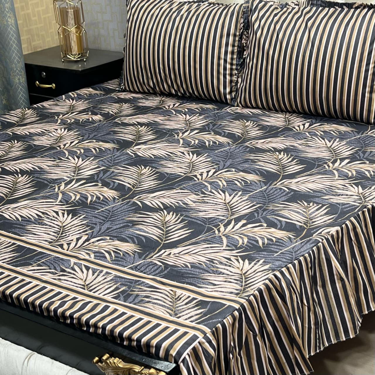 3 Piece Stitched Double Frill King Size Bedsheet Set – High Cotton Sylonica Fabric