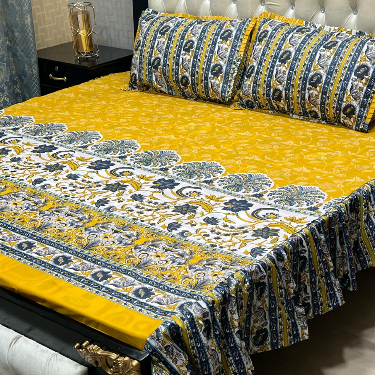 3 Piece Stitched Double Frill King Size Bedsheet Set – High Cotton Sylonica Fabric