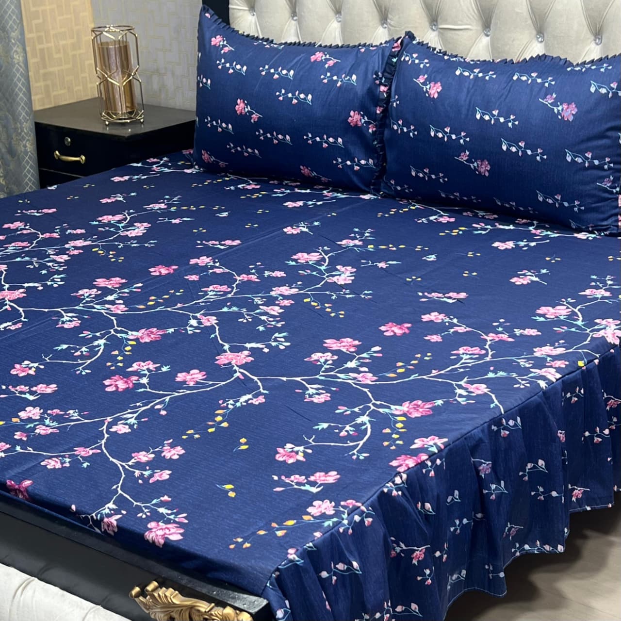 3 Piece Stitched Double Frill King Size Bedsheet Set – High Cotton Sylonica Fabric