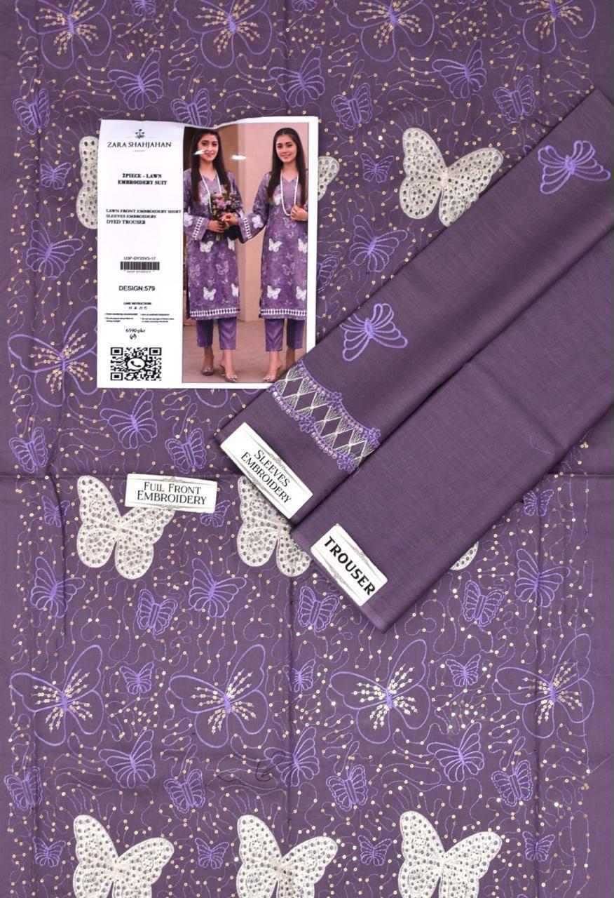 Zara Shahjahan Butterfly Embroidered 2-Piece Lawn Suit - Premium Summer Collection