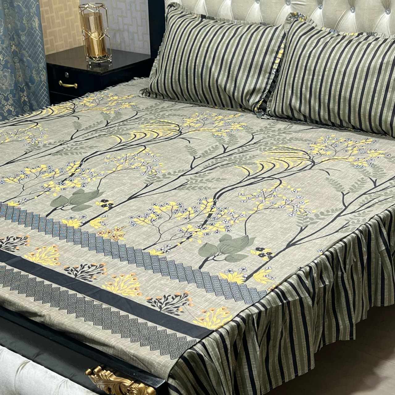 3 Piece Stitched Double Frill King Size Bedsheet Set – High Cotton Sylonica Fabric
