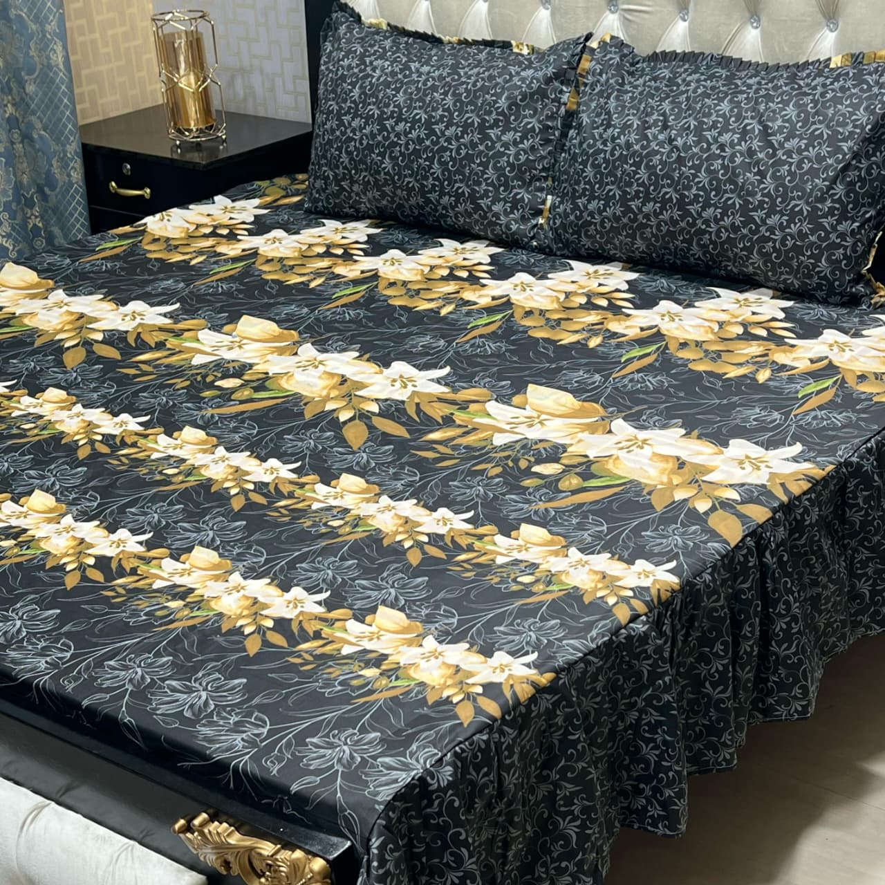 3 Piece Stitched Double Frill King Size Bedsheet Set – High Cotton Sylonica Fabric