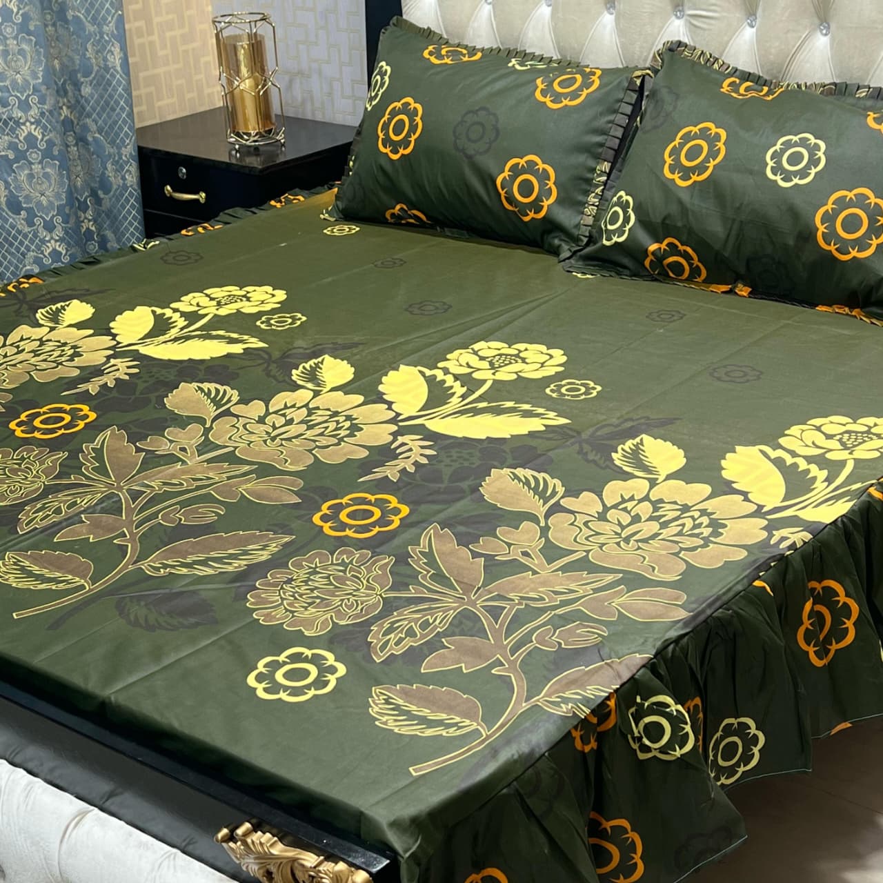 3 Piece Stitched Double Frill King Size Bedsheet Set – High Cotton Sylonica Fabric