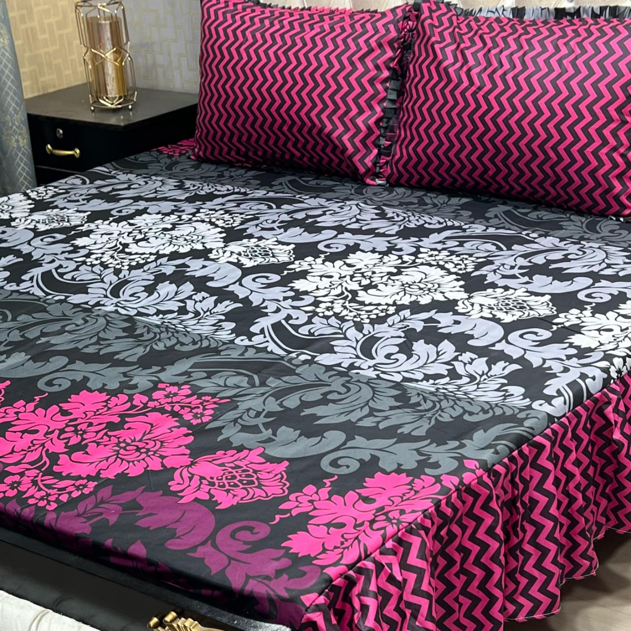 3 Piece Stitched Double Frill King Size Bedsheet Set – High Cotton Sylonica Fabric