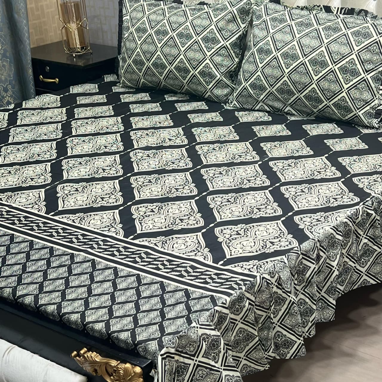 3 Piece Stitched Double Frill King Size Bedsheet Set – High Cotton Sylonica Fabric