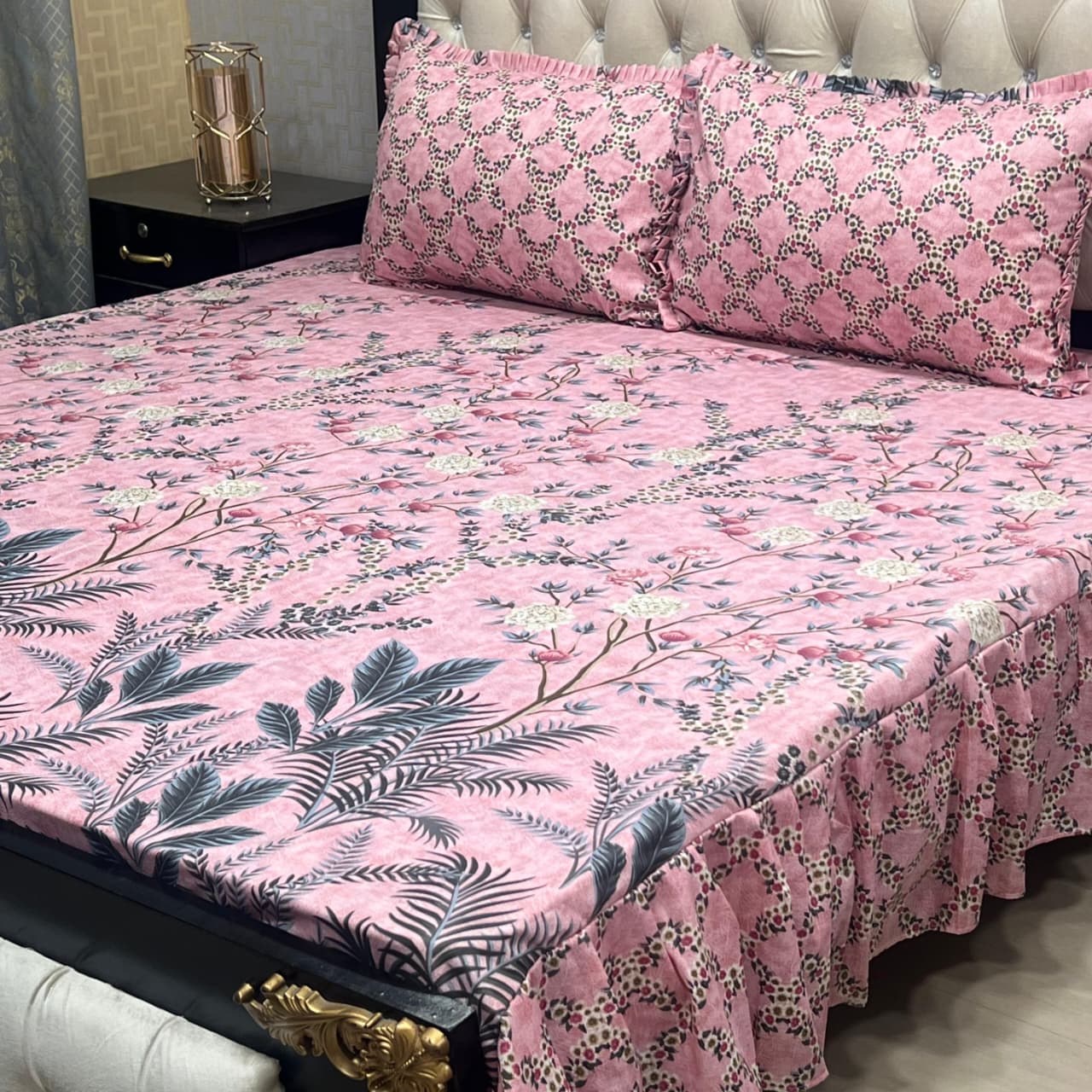 3 Piece Stitched Double Frill King Size Bedsheet Set – High Cotton Sylonica Fabric