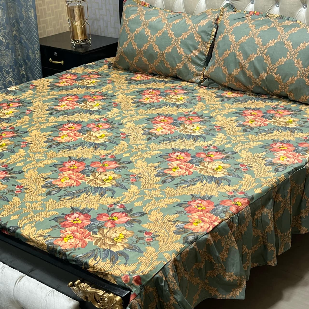 3 Piece Stitched Double Frill King Size Bedsheet Set – High Cotton Sylonica Fabric
