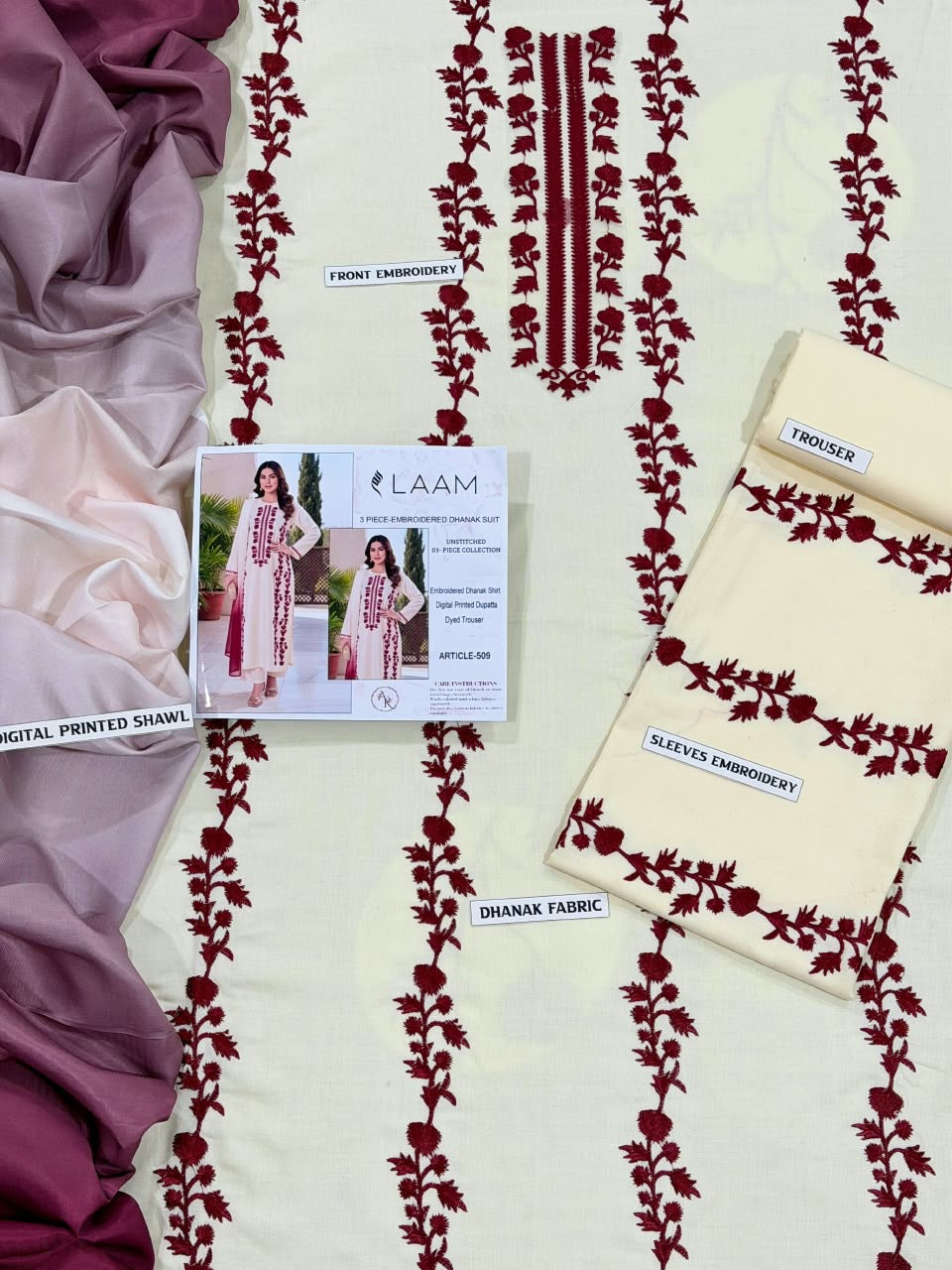 Laam Sale Winter Collection: Off-White Dhanak 3Pc Embroidered Suit