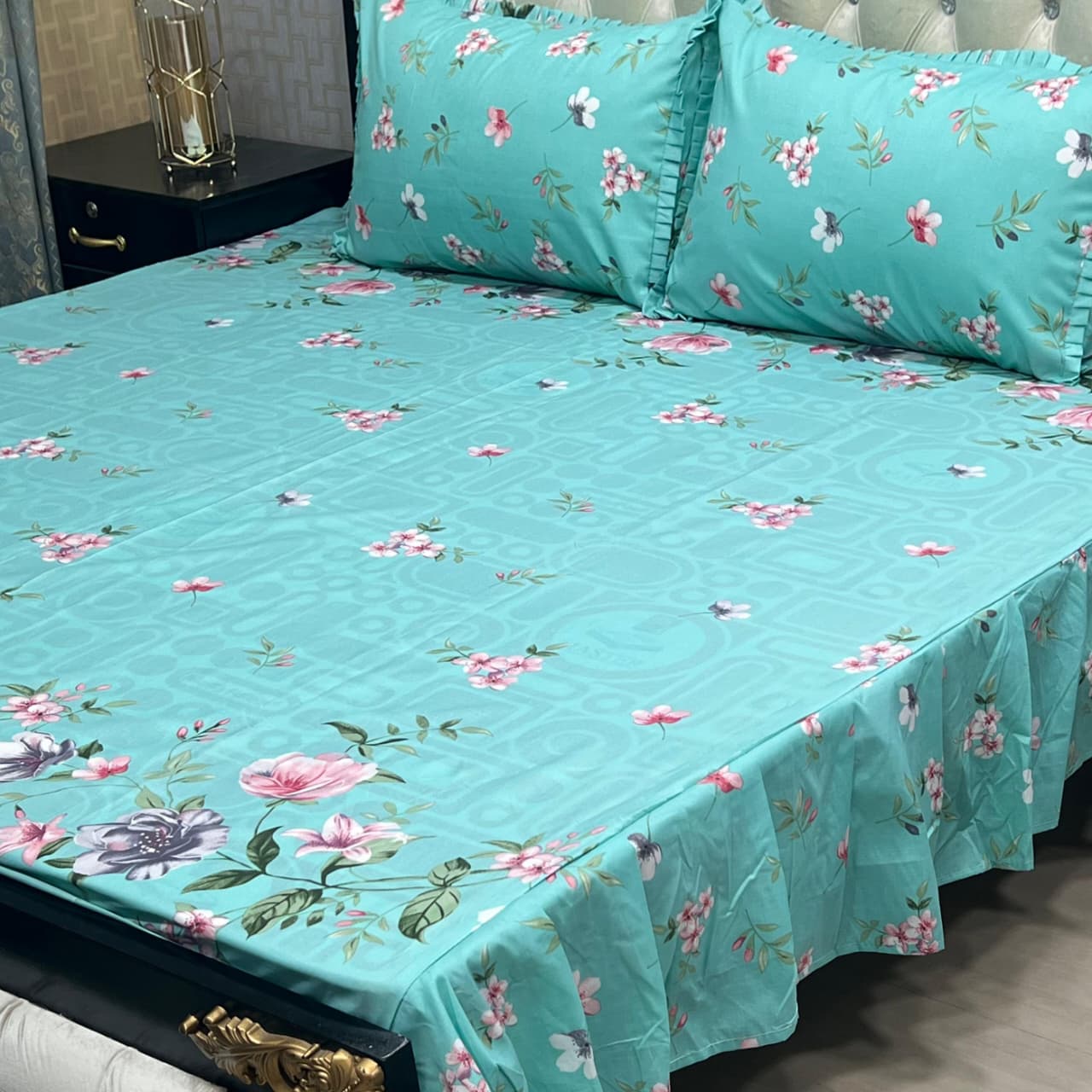 3 Piece Stitched Double Frill King Size Bedsheet Set – High Cotton Sylonica Fabric