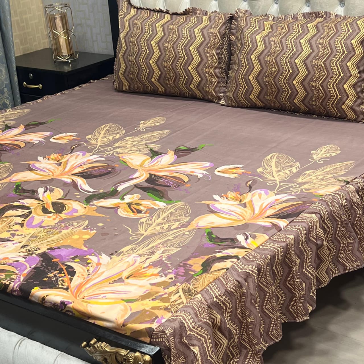 3 Piece Stitched Double Frill King Size Bedsheet Set – High Cotton Sylonica Fabric