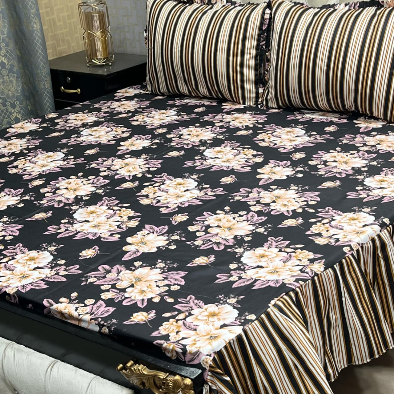 3 Piece Stitched Double Frill King Size Bedsheet Set – High Cotton Sylonica Fabric