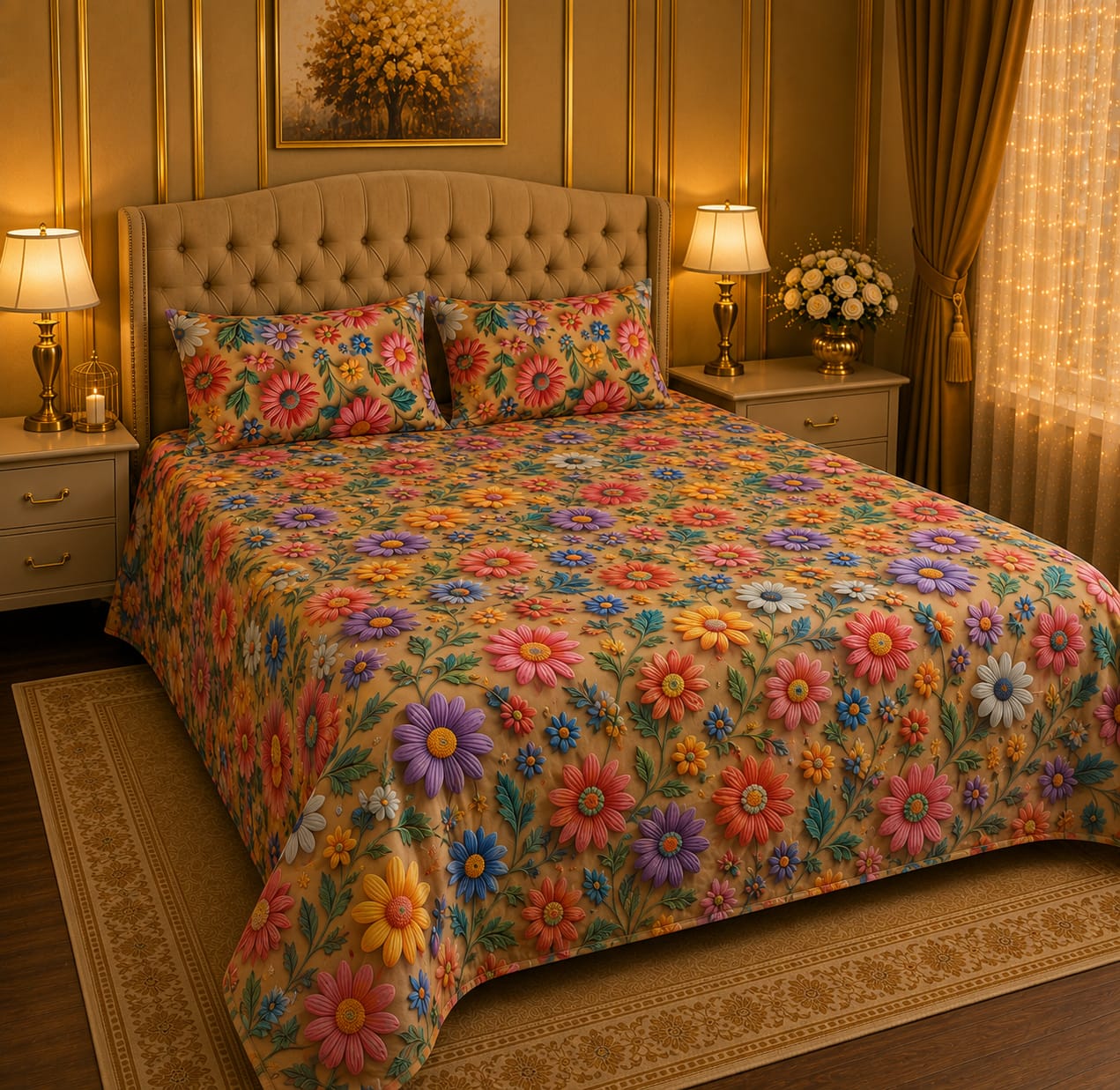 BEDIOR multicolor daisy floral bloom 3D digital printed king size crystal cotton bed sheet set on golden base