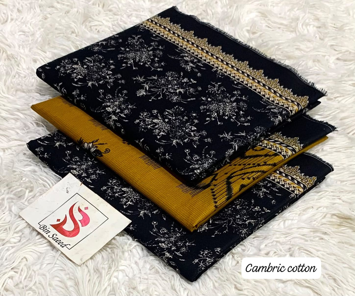 Bin Saeed Original Lawn Cotton Suit 2026 - Black Floral Digital Print Shirt with Mustard Yellow Trouser and Voil Dupatta