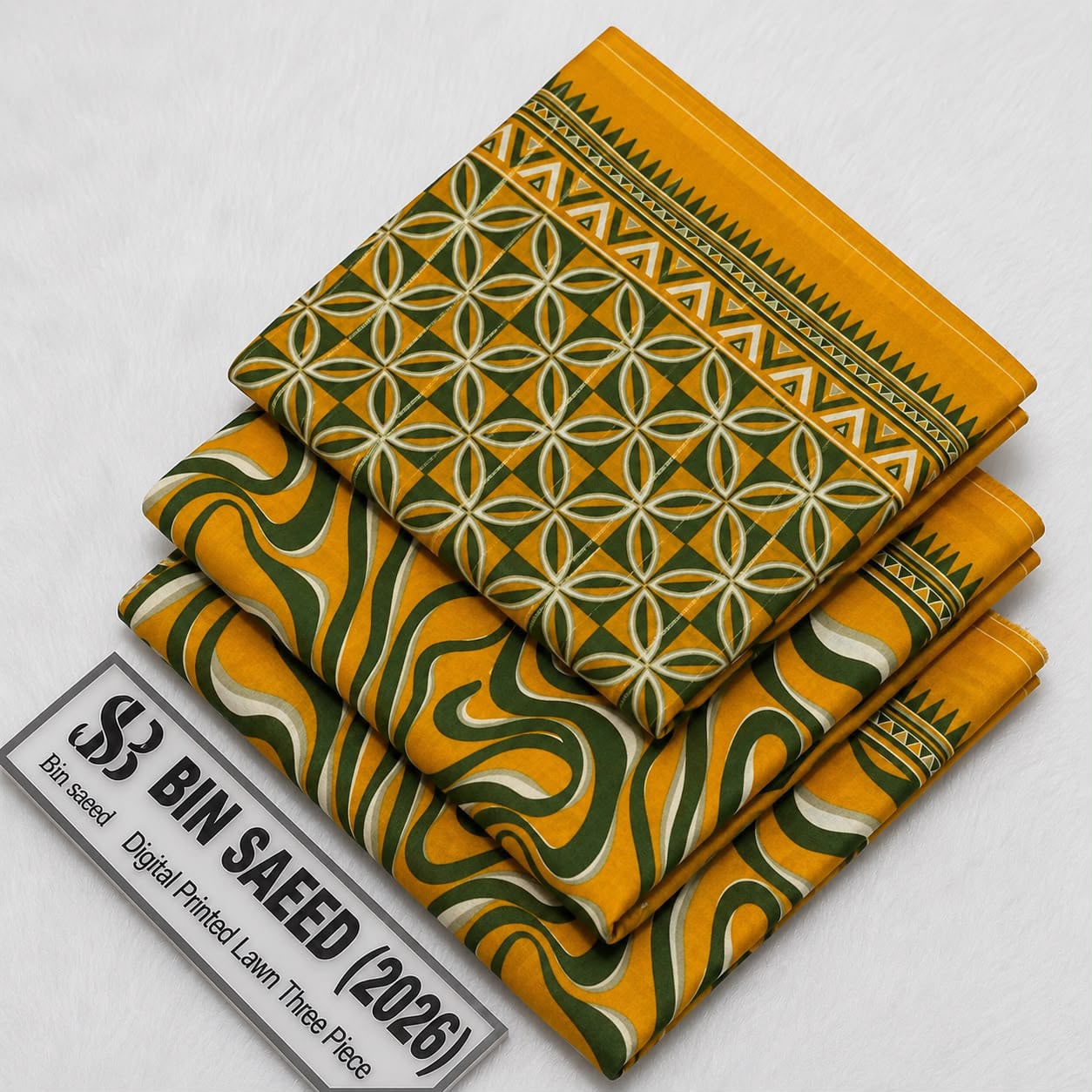 Bin Saeed 100% Original Lawn Cotton Suit 2026 - Mustard Yellow and Olive Green Geometric Printed 3-Piece Unstitched Lawn