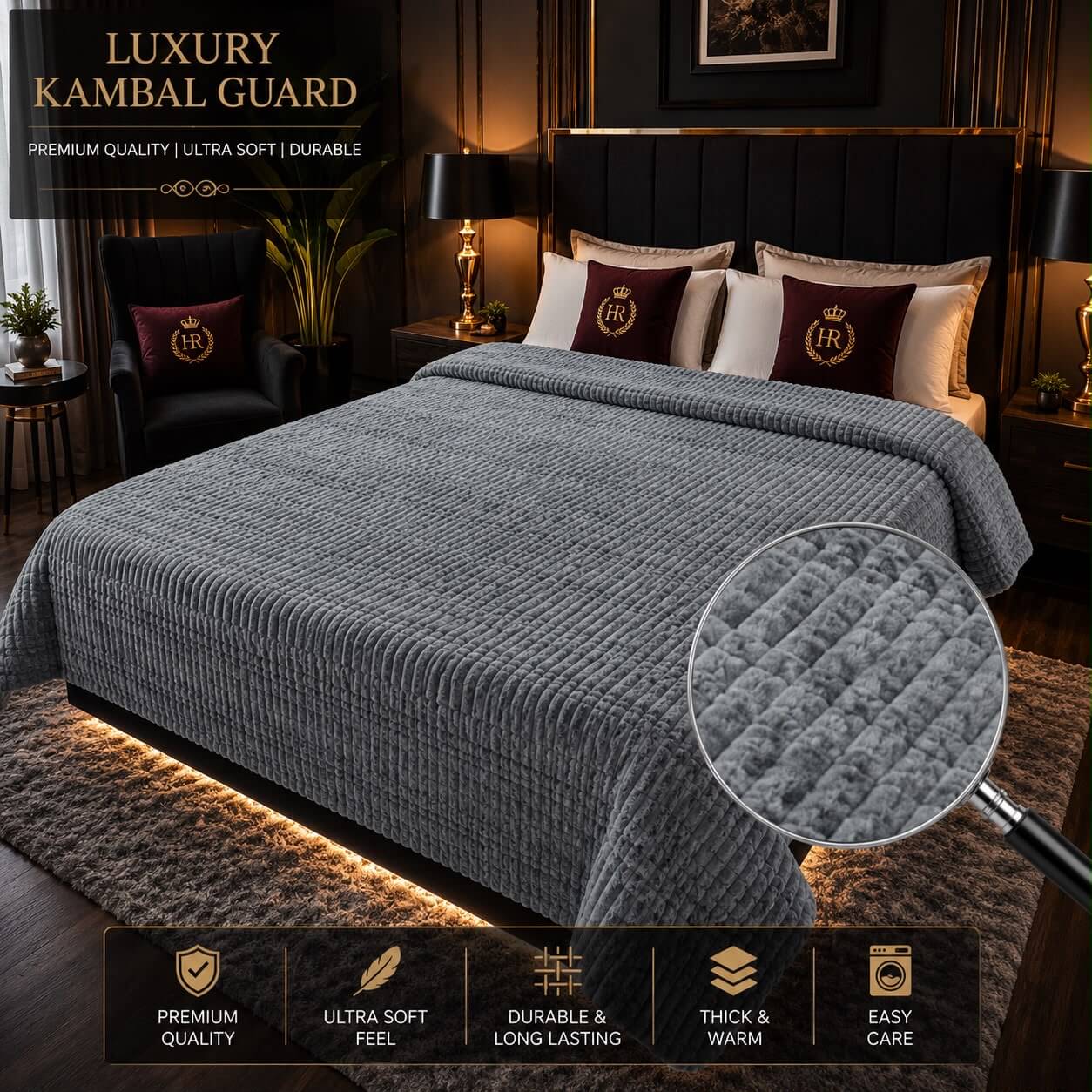 Grey luxury bubble AC blanket for double bed, highlighting the ultra-soft premium fleece and elegant embossed texture.