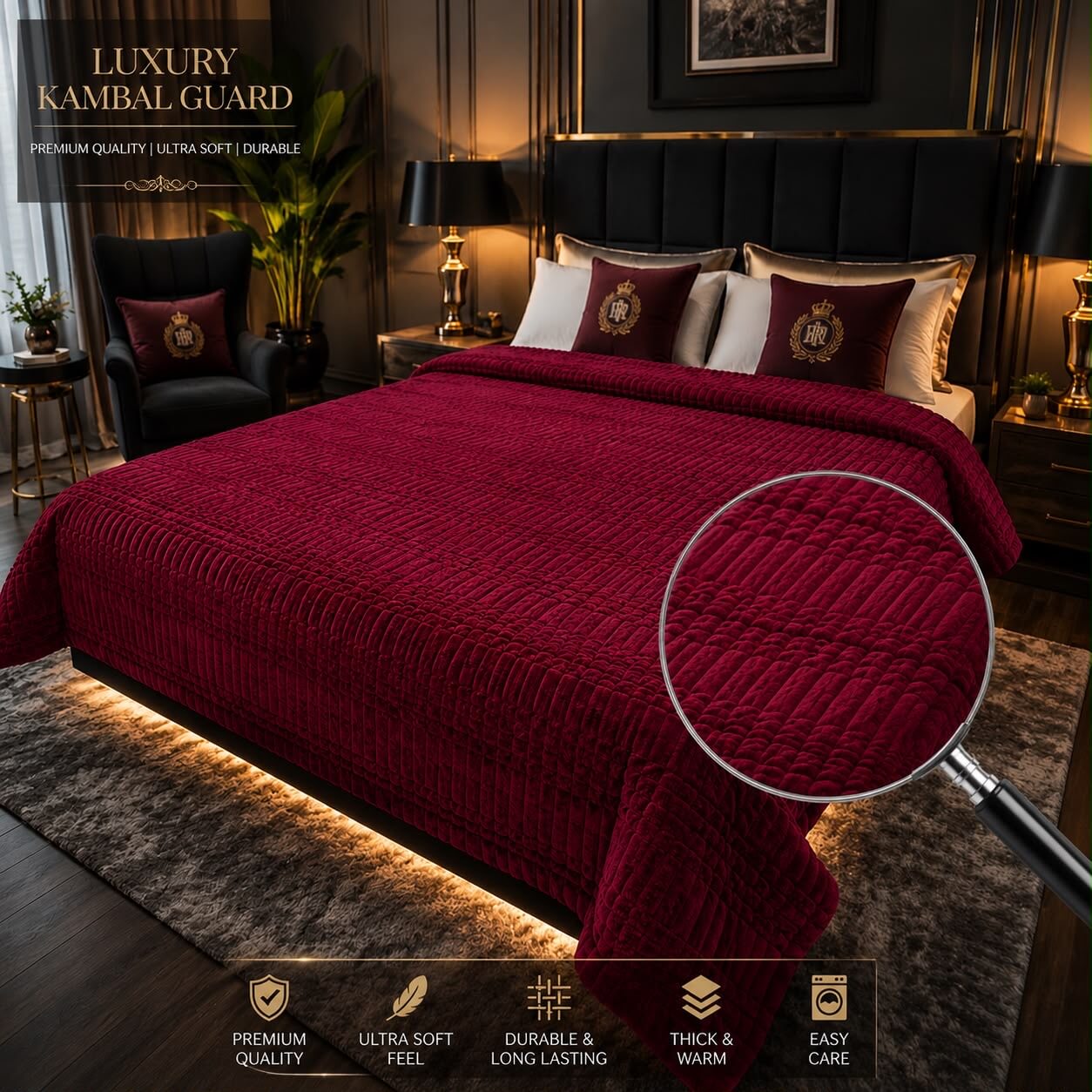 Rich maroon luxury bubble AC blanket for a double bed, featuring premium plush super soft fleece and elegant embossed texture.
