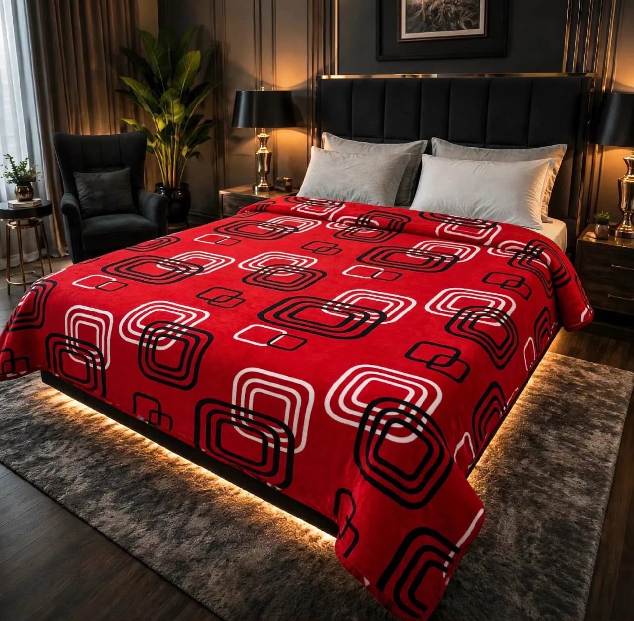 Modern red double bed AC blanket with black and white geometric square patterns in soft fleece