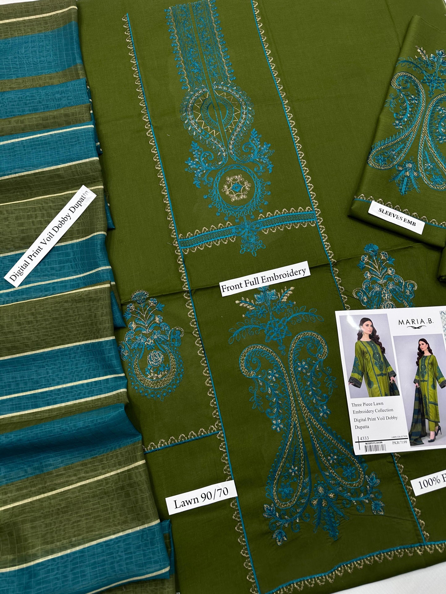 Maria B - 3PC LAWN EMBROIDERED SHIRT WITH MANAAR PRINTED DUPATTA AND TROUSER