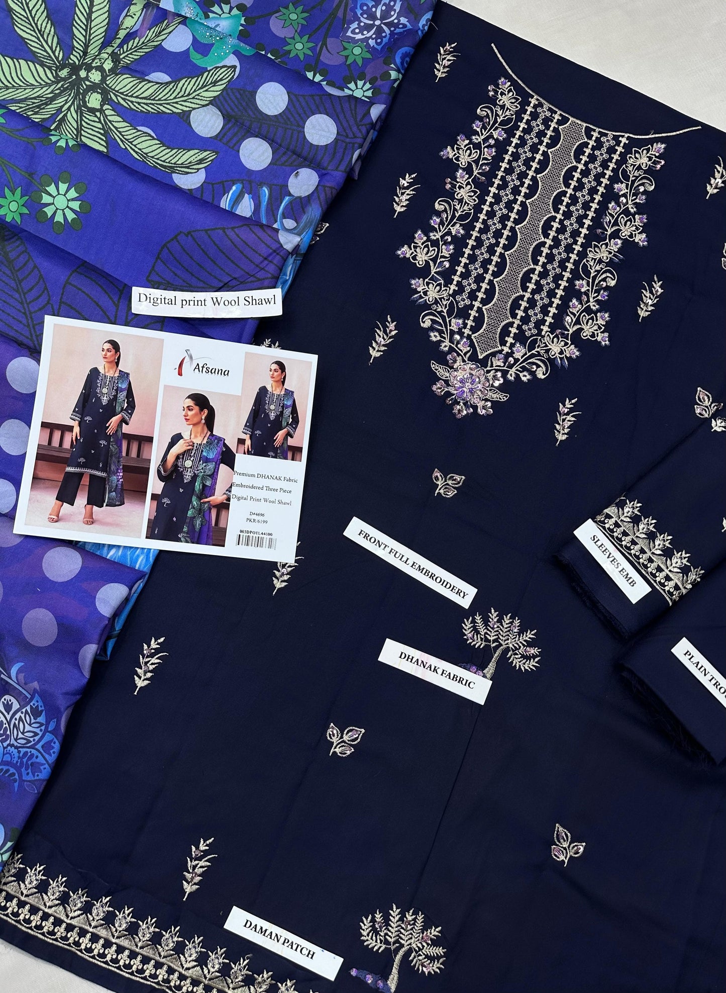 Afsan embroidered Dhanak 3p with wool shawl