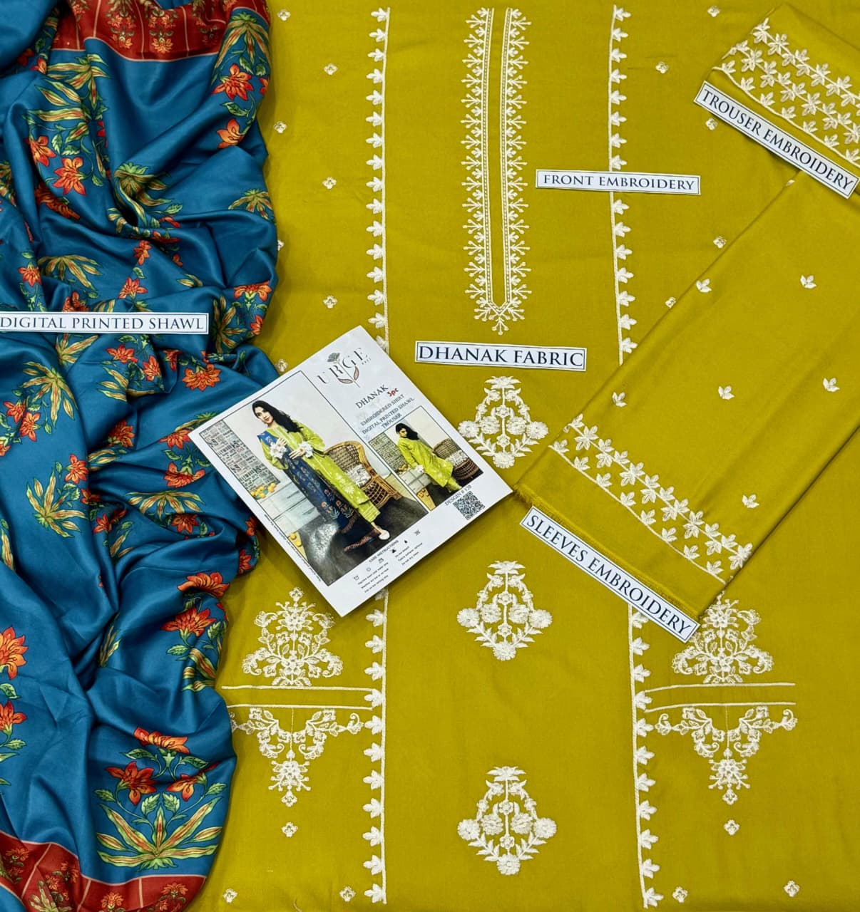 Dhanak embroiderid3Pcs suit with wool shawl