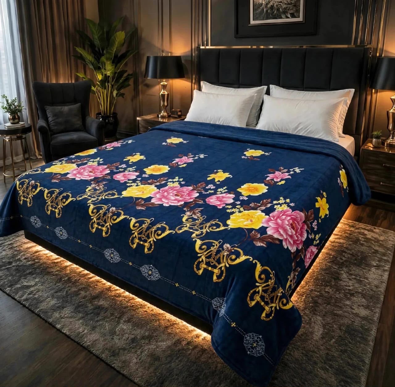 Royal navy blue double bed AC blanket with pink and yellow floral and gold patterns in soft fleece