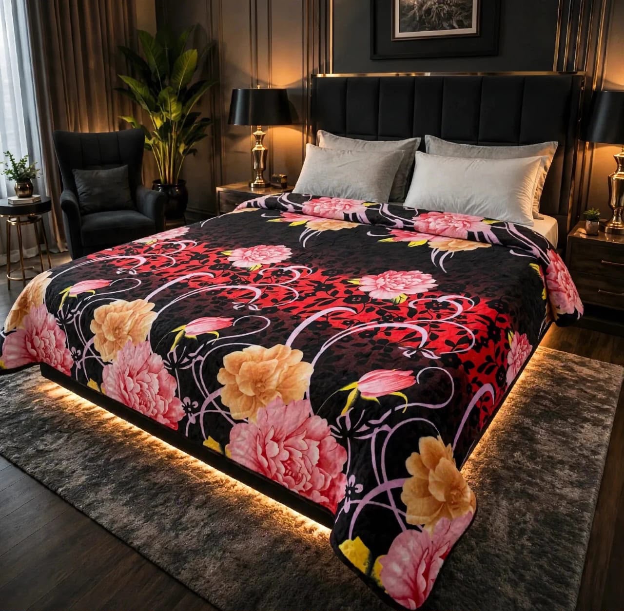 Vibrant red and yellow floral patterned double bed AC blanket made of soft fleece
