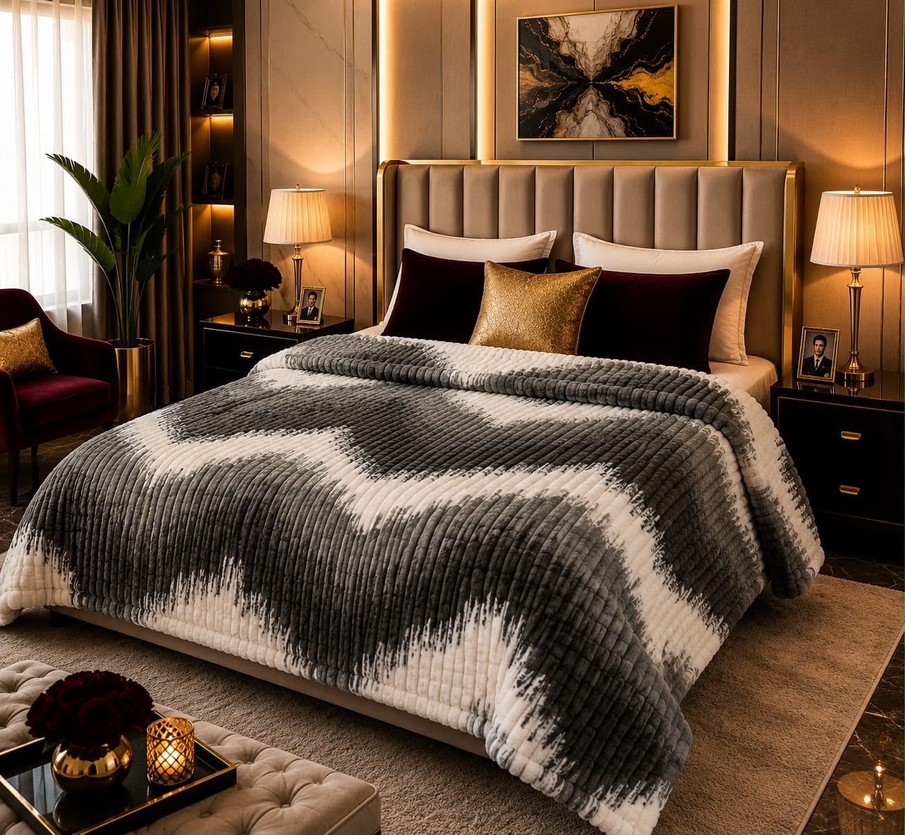 Charcoal grey white zigzag chevron puffy AC blanket on double bed Pakistan