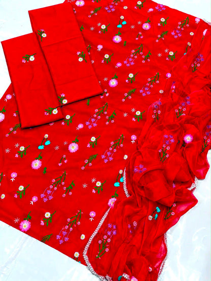 Red Batik Lawn 3-Piece Unstitched Suit with Bamber Embroidered Dupatta | Premium Batik Wear