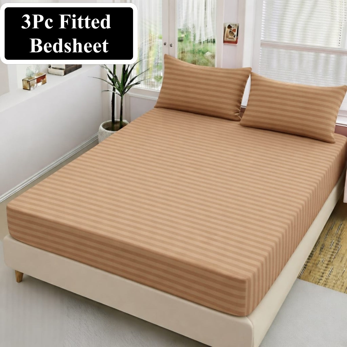 Luxury China Satin 3pc Stripe Fitted Bedsheet - King Size - My Store
