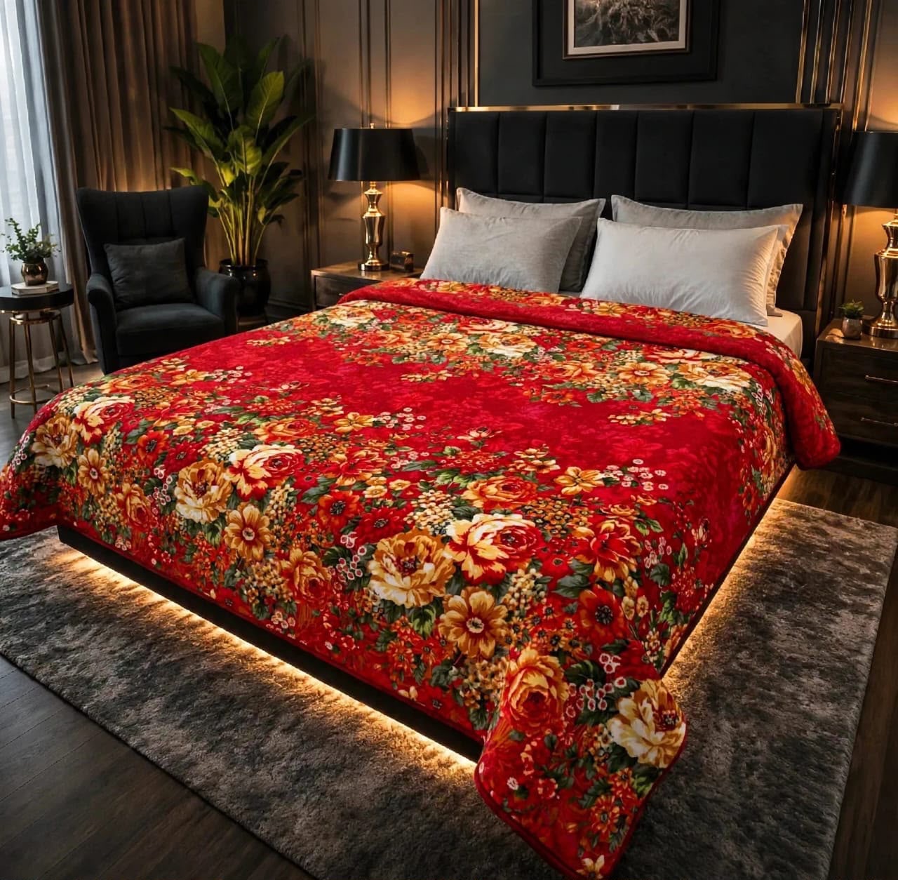 Vibrant Red Floral AC Blanket / Combol | Double Bed Soft Fleece (81x90)