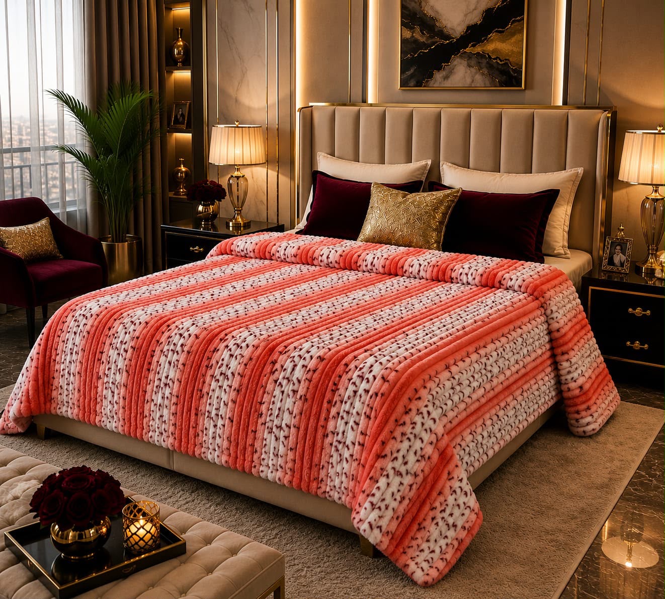 Puffy AC Blanket – Coral Pink Striped Floral Print for Double Bed | Pakistan