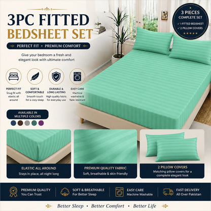 Luxury China Satin 3pc Stripe Fitted Bedsheet - King Size - My Store