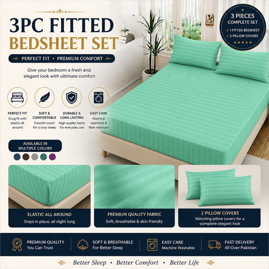 Luxury China Satin 3pc Stripe Fitted Bedsheet - King Size - My Store