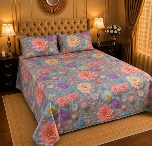 Crystal Cotton 3D digital printed king size bedsheet set