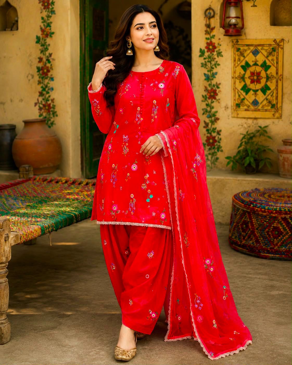 Red Batik Lawn 3-Piece Unstitched Suit with Bamber Embroidered Dupatta | Premium Batik Wear