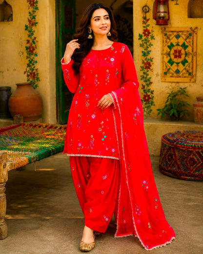 Red Batik Lawn 3-Piece Unstitched Suit with Bamber Embroidered Dupatta | Premium Batik Wear