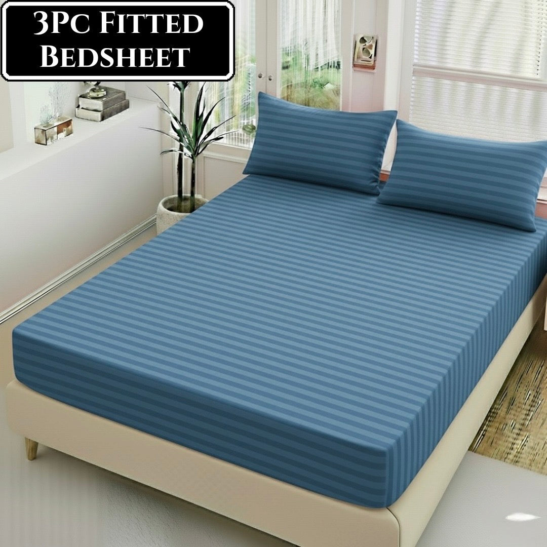Luxury China Satin 3pc Stripe Fitted Bedsheet - King Size - My Store