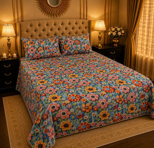 Crystal Cotton 3D digital printed king size bedsheet set