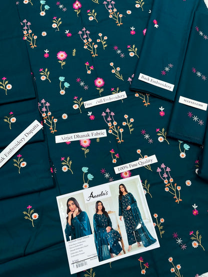 Aneela's Winter Collection: Deep Teal Floral Embroidered Airjet Dhanak Unstitched Suit
